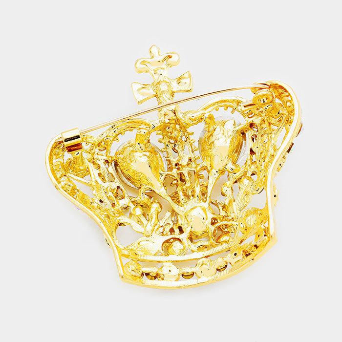 Pave Abalone Crystal Crown Gold Pin Brooch