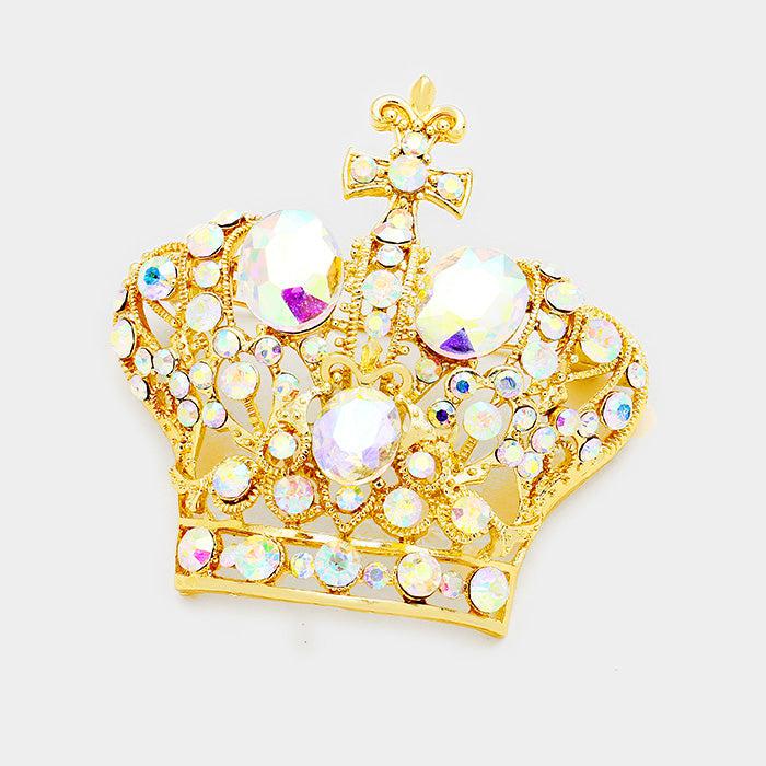 Pave Abalone Crystal Crown Gold Pin Brooch
