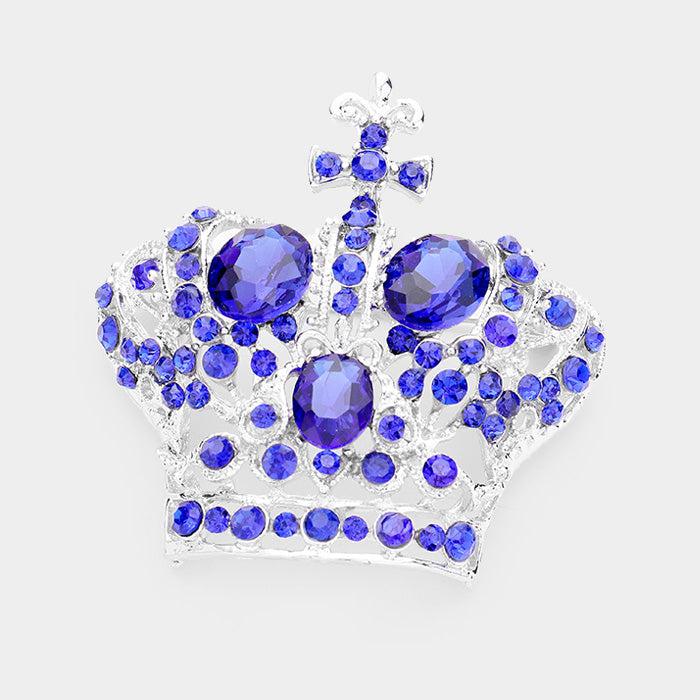 Pave Blue Crystal Crown Silver Pin Brooch