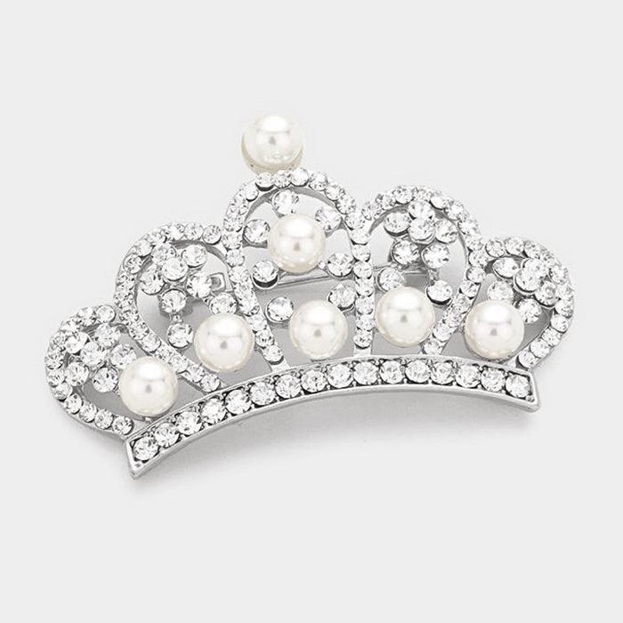 Pave Clear Crystal Faux Pearl Crown Silver Pin Brooch