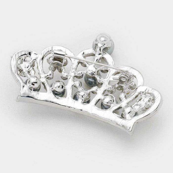 Pave Crystal Faux Pearl Crown Pin Brooch