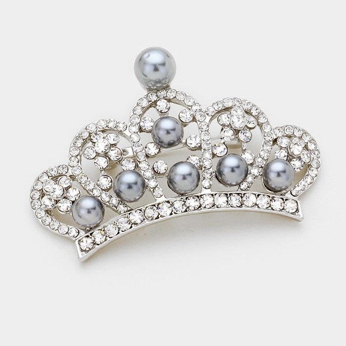 Pave Crystal Faux Pearl Crown Pin Brooch