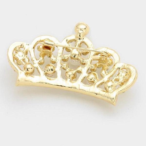 Pave Crystal Faux Pearl Crown Gold Pin Brooch