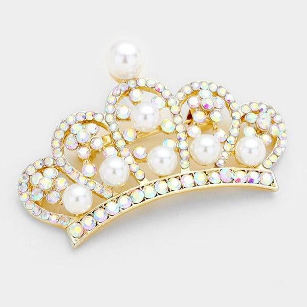 Pave Crystal Faux Pearl Crown Gold Pin Brooch