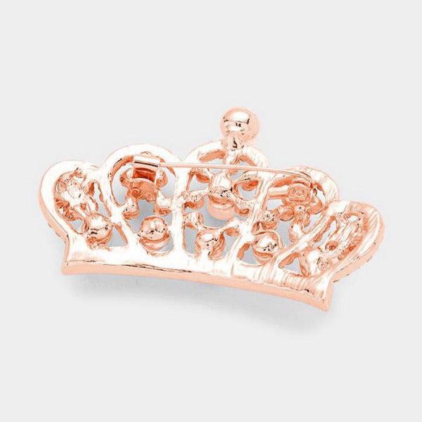 Pave Crystal Faux Pearl Crown Rose Gold Pin Brooch