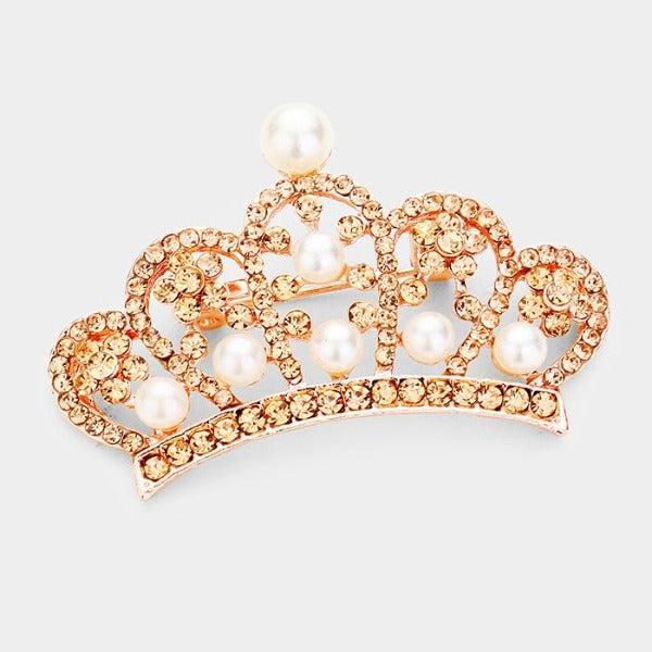 Pave Crystal Faux Pearl Crown Rose Gold Pin Brooch