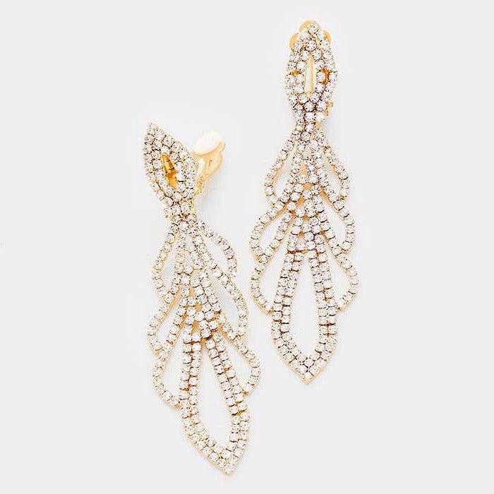 Pave Crystal Rhinestone Marquise Clip on Earrings