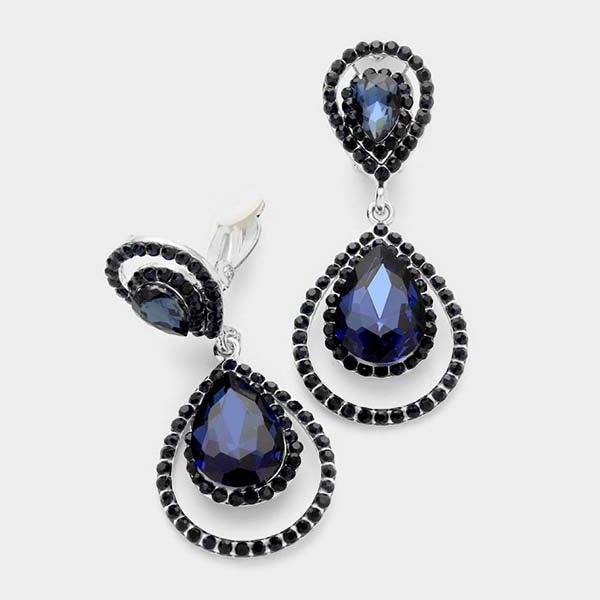 Pave Trim Blue Crystal Teardrop Clip On Earrings