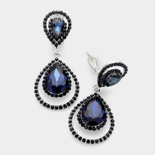 Pave Trim Blue Crystal Teardrop Clip On Earrings