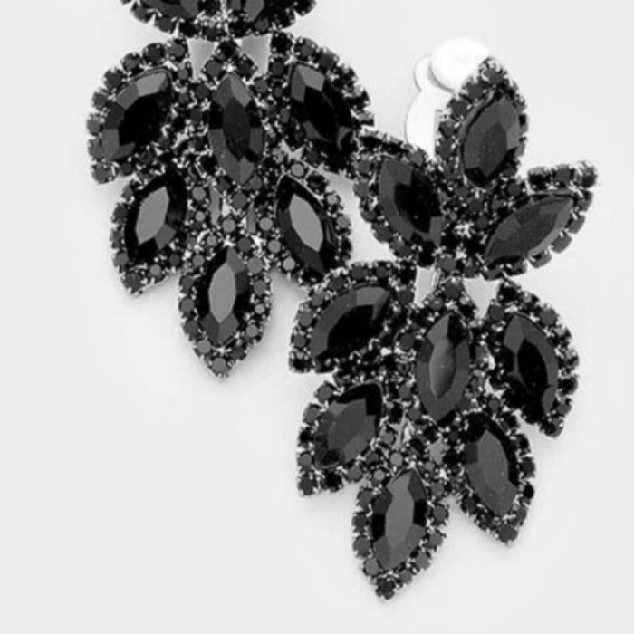 Pave Trim Jet Black Crystal Oval Clustered Clip On Earrings