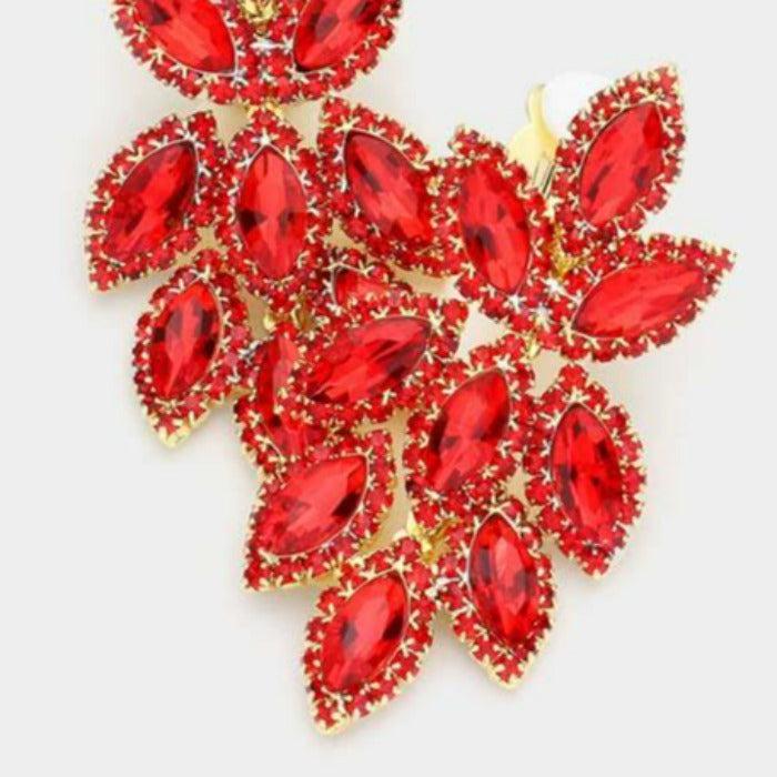 Pave Trim Red Crystal Oval Clustered Clip On Earrings
