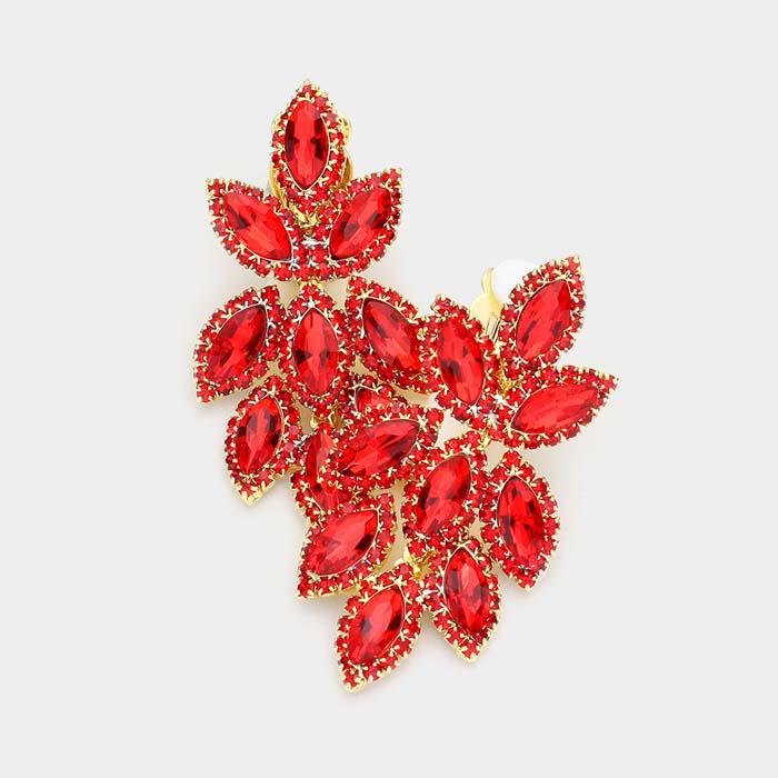 Pave Trim Red Crystal Oval Clustered Clip On Earrings