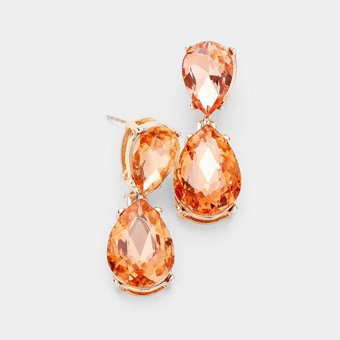 Peach Crystal Double Teardrop Rose Gold Earrings