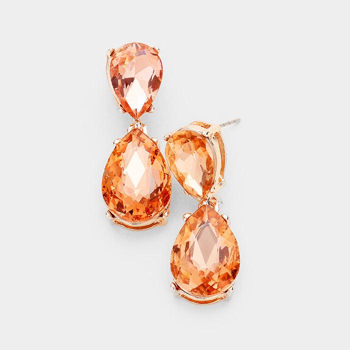 Peach Crystal Double Teardrop Rose Gold Earrings