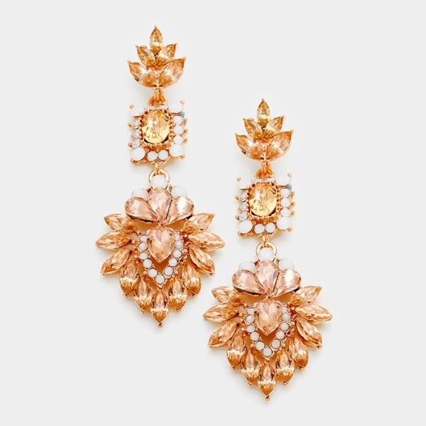 Peach Crystal & Rose Gold Ornate Evening Earrings-Earring-SPARKLE ARMAND