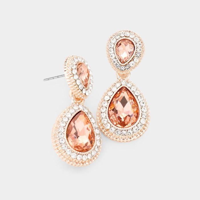 Peach Crystal Teardrop Rose Gold Earrings by Sophia Collection