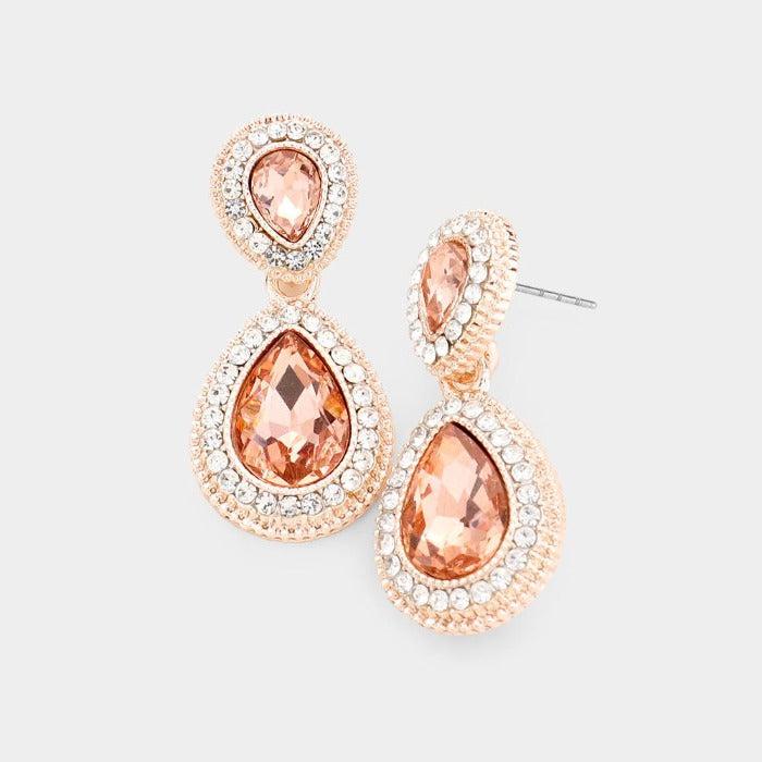 Peach Crystal Teardrop Rose Gold Earrings by Sophia Collection