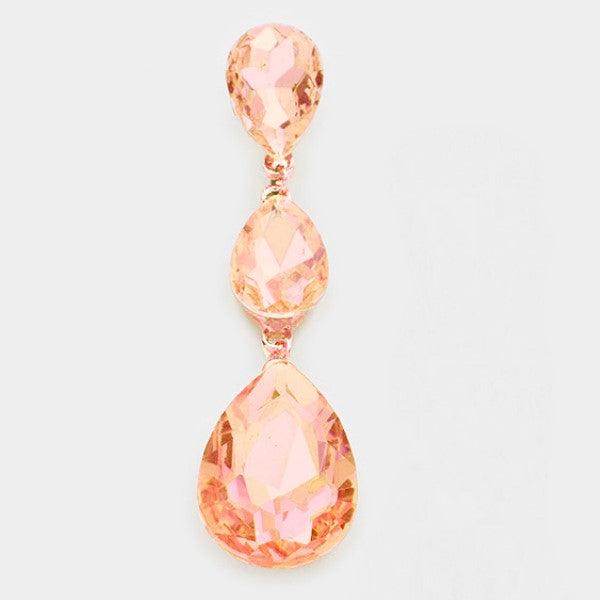 Peach Crystal Triple Crystal Teardrop Evening Rose Gold EarringsPeach Crystal Triple Crystal Teardrop Evening Rose Gold Earrings