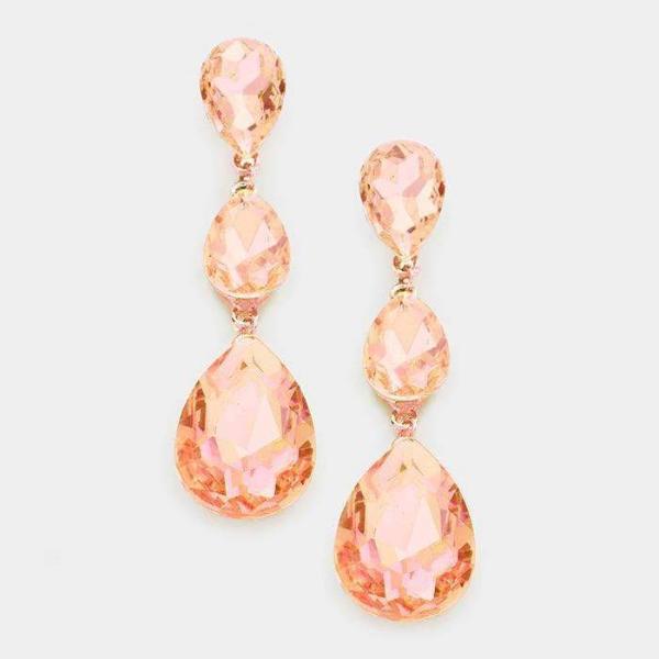 Peach Crystal Triple Crystal Teardrop Evening Rose Gold EarringsPeach Crystal Triple Crystal Teardrop Evening Rose Gold Earrings