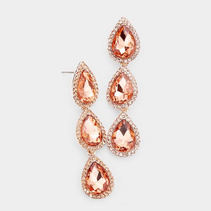 Peach Crystal Triple Teardrop Rose Gold Earrings