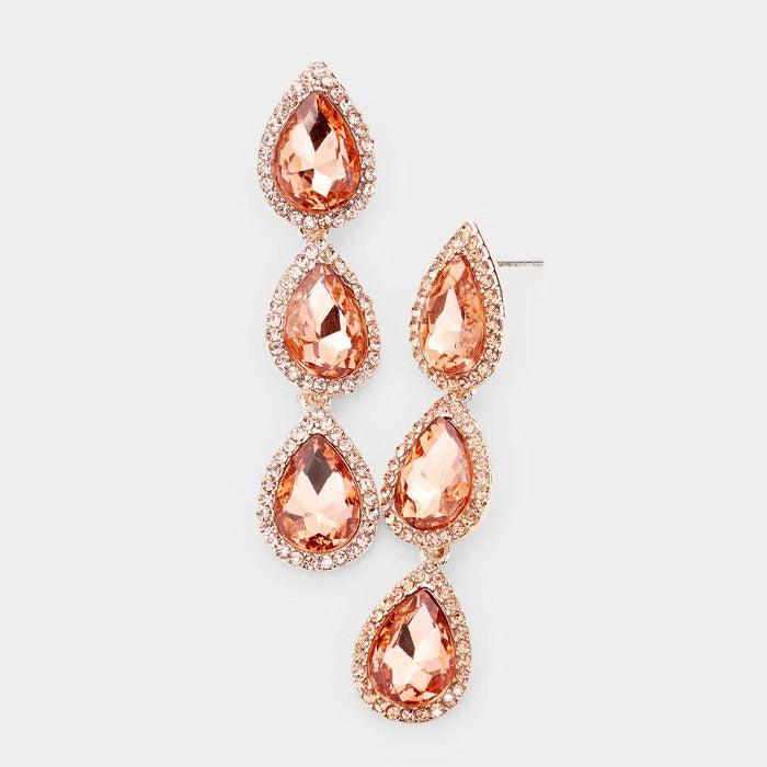 Peach Crystal Triple Teardrop Rose Gold Earrings