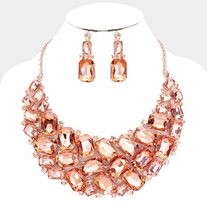 Peach Faceted Teardrop Crystal Rose Gold Statement Necklace