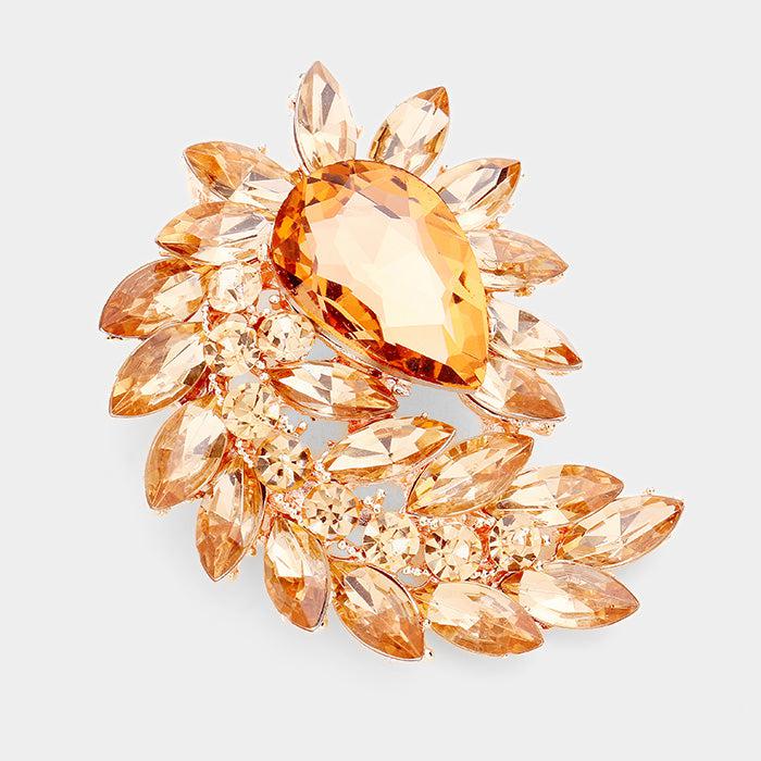 Peach Glass Crystal Marquise Cluster Rose Gold Brooch