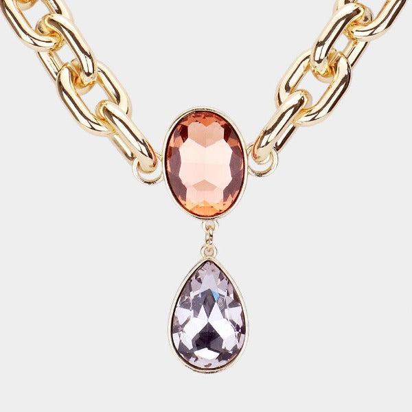 Peach Oval Lavender Teardrop Stone Link Necklace