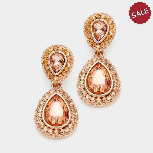 Peach & Rose Gold Crystal Marquise Evening Earrings by Boutique Collection