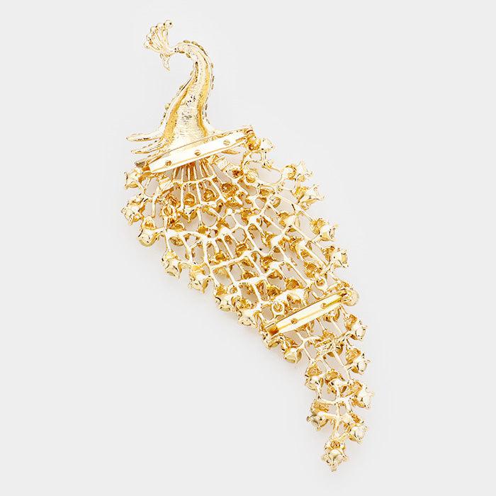 Peacock Oversized Pave Clear Crystal Gold Pin Brooch