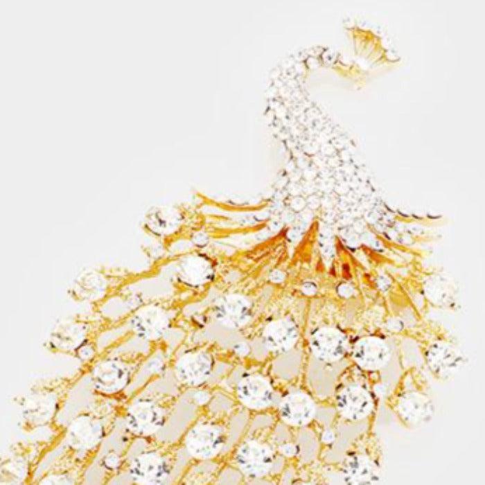 Peacock Oversized Pave Clear Crystal Gold Pin Brooch