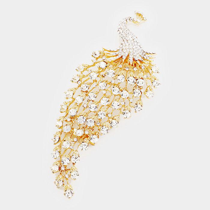 Peacock Oversized Pave Clear Crystal Gold Pin Brooch