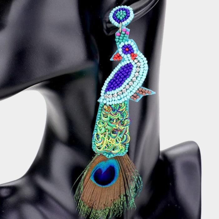 Peacock Seed Bead Earrings-Earring-SPARKLE ARMAND