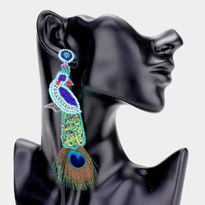 Peacock Seed Bead Earrings-Earring-SPARKLE ARMAND