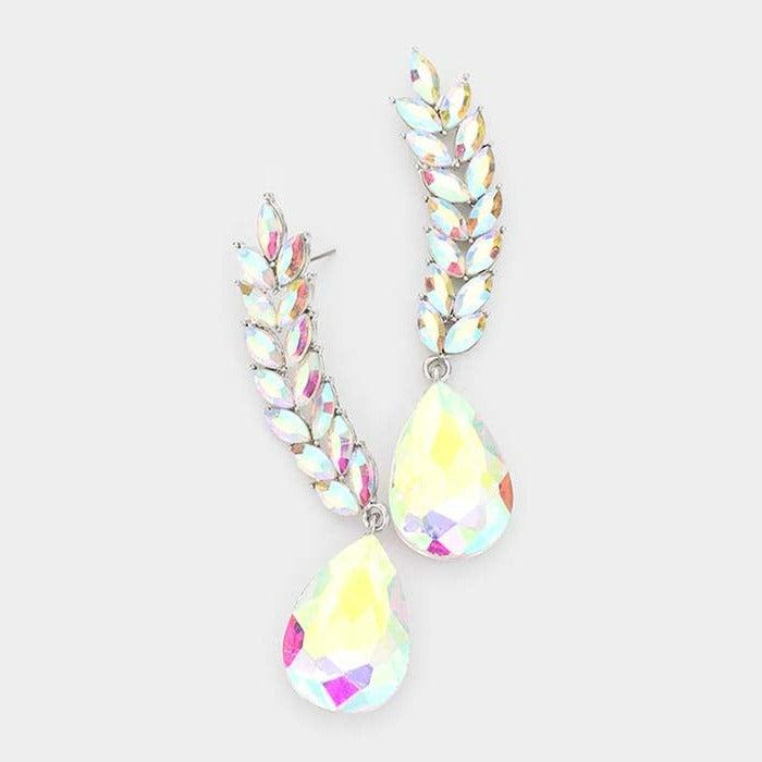 Pear Abalone Crystal Marquise Vine Silver Evening Earrings