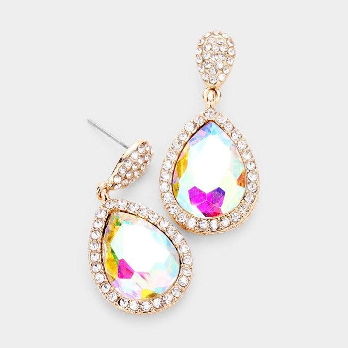 Pear Abalone Crystal Pave Trim Evening Earrings by Sophia Collection