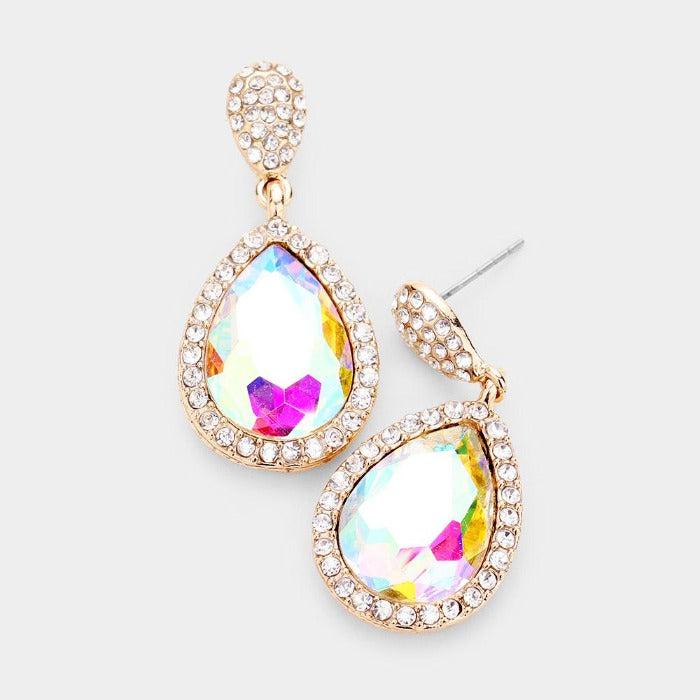 Pear Abalone Crystal Pave Trim Evening Earrings by Sophia Collection