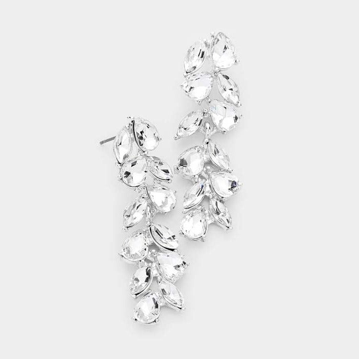 Pear Clear Marquise Crystal Vine Silver Evening Earrings