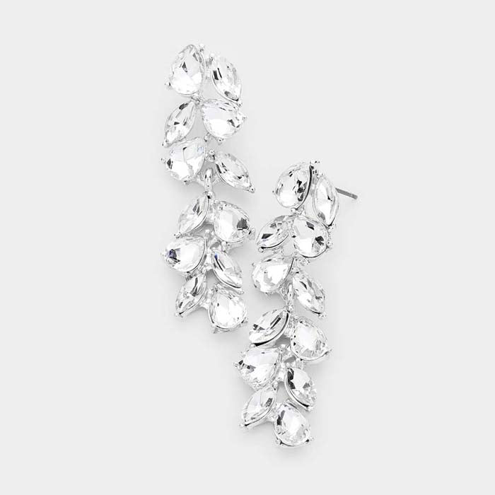 Pear Clear Marquise Crystal Vine Silver Evening Earrings