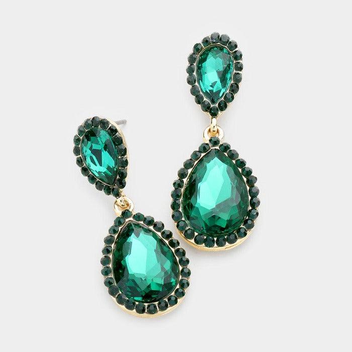 Pear Emerald Green Crystal Pave Trim Earrings by Sophia Collection