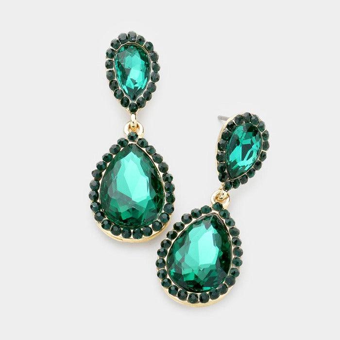 Pear Emerald Green Crystal Pave Trim Earrings by Sophia Collection