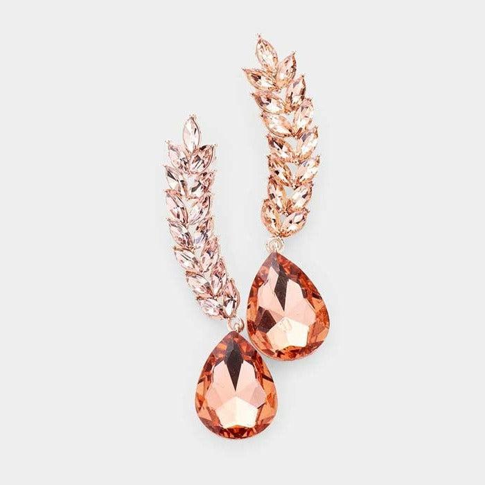 Pear Peach Crystal Marquise Vine Evening Earrings