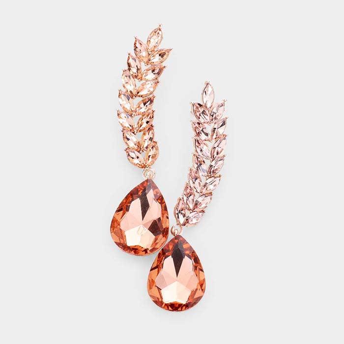 Pear Peach Crystal Marquise Vine Evening Earrings