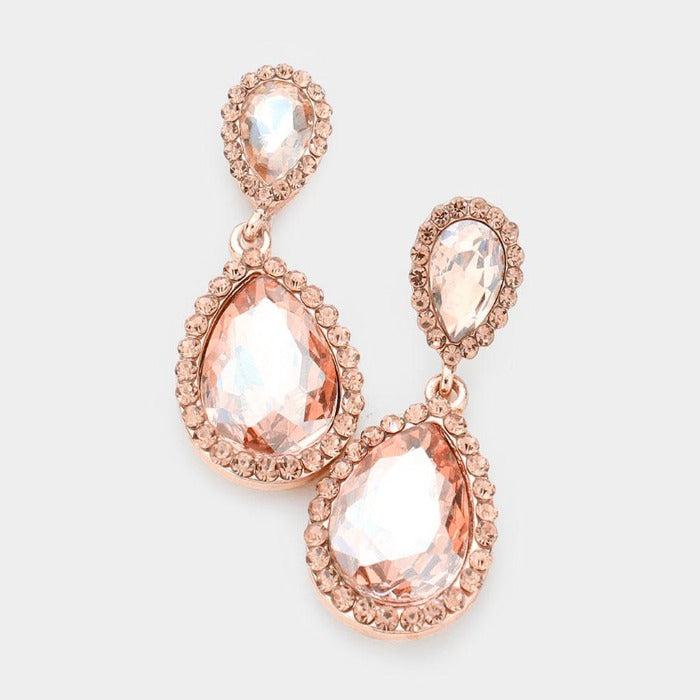 Pear Peach Crystal Pave Trim Earrings by Sophia Collection