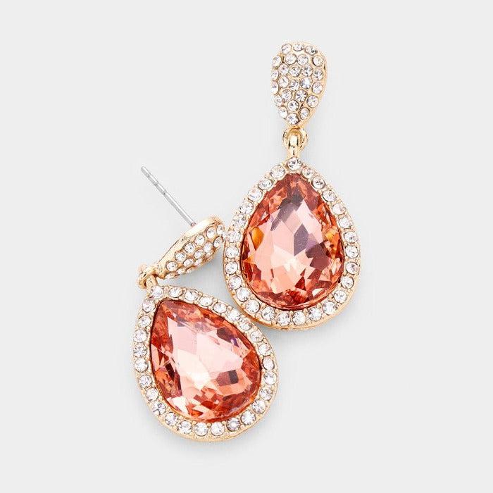 Pear Peach Crystal Pave Trim Evening Earrings by Sophia Collection