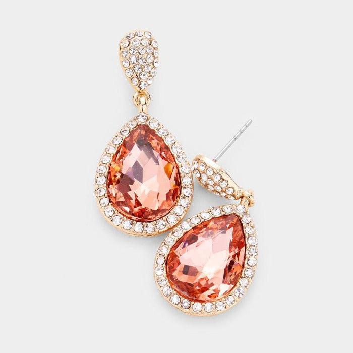 Pear Peach Crystal Pave Trim Evening Earrings by Sophia Collection