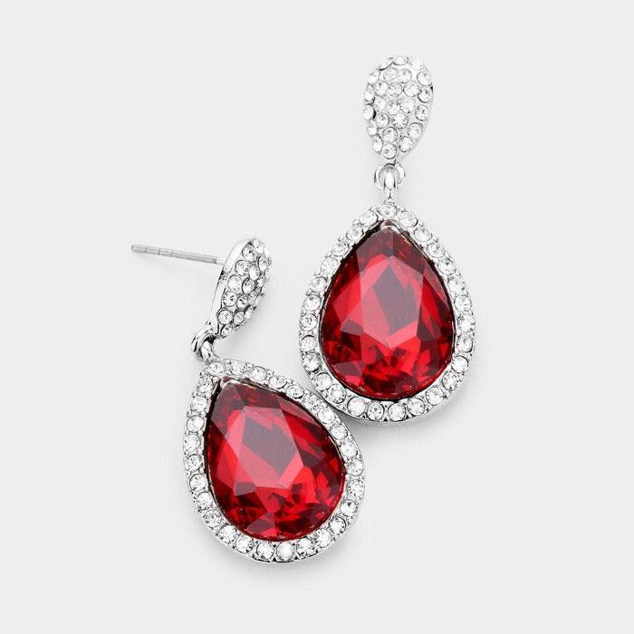 Pear Red Crystal Pave Trim Evening Earrings by Sophia Collection