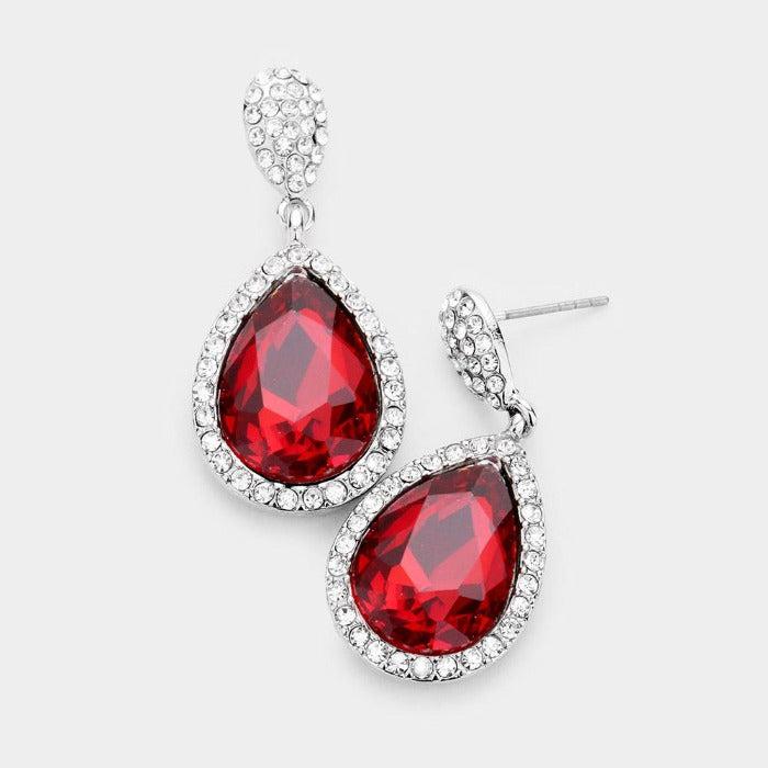 Pear Red Crystal Pave Trim Evening Earrings by Sophia Collection