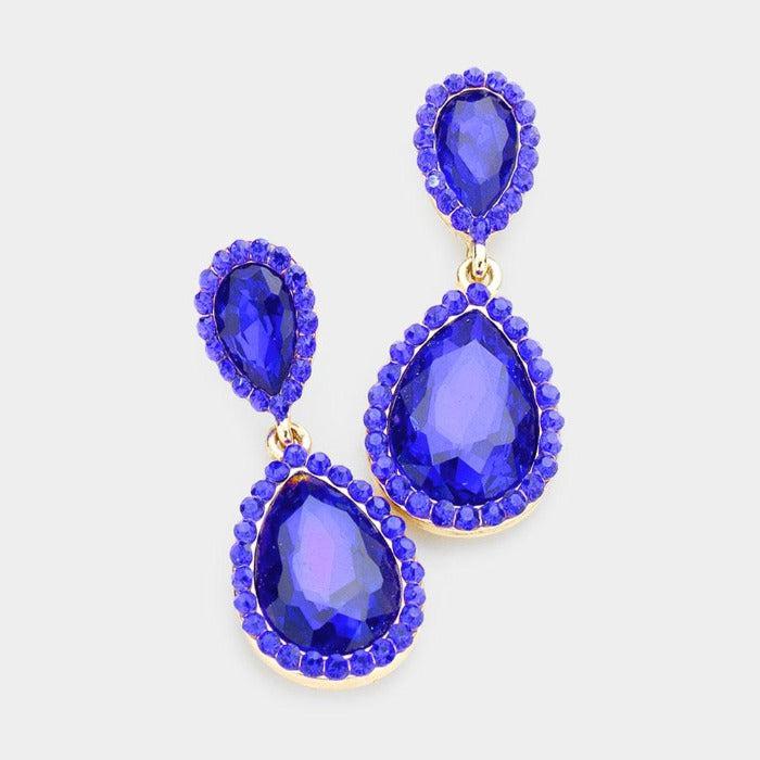 Pear Sapphire Blue Crystal Pave Trim Earrings by Sophia Collection
