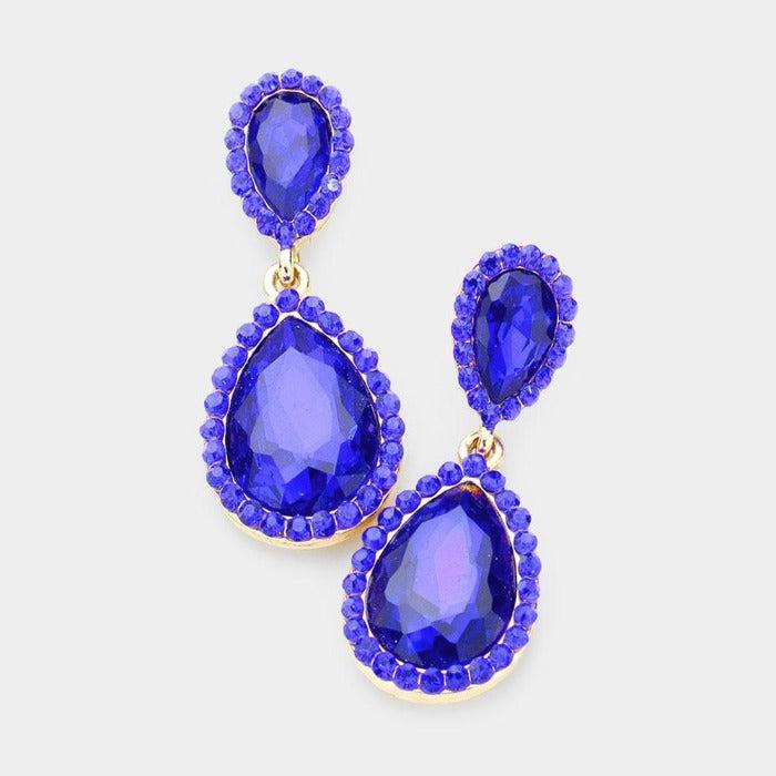 Pear Sapphire Blue Crystal Pave Trim Earrings by Sophia Collection